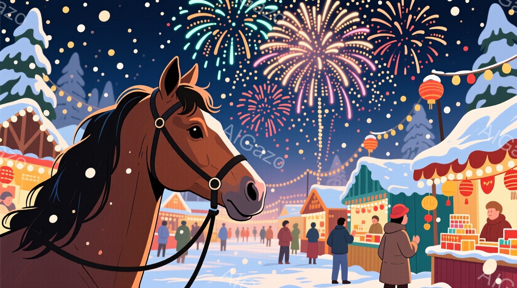 茶色の馬が左側に大きく描かれ、焦点となっています。背景には、雪が降り積もるクリスマスマーケットのような賑やかな光景が広がり、人々が温かいコートを着て歩き回っています。建物はカラフルな装飾が施され、夜空 - AI生成フリー素材