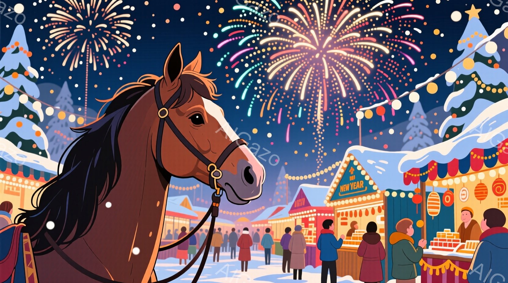 賑やかな冬の祭りの様子が描かれている。人々は厚手のコートや帽子を着用し、屋台が立ち並び、温かい食べ物や飲み物を楽しんでいるようだ。背景には雪化粧した建物や木々、そして夜空に咲く花火が広がり、温かく、活 - AI生成フリー素材