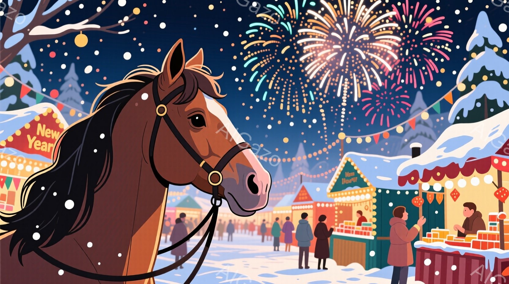 雪が降るクリスマスのマーケットを背景に、茶色の馬がこちらを見ています。馬は手綱をつけており、毛並みは滑らかで、冬の寒さをしのぐような厚い毛並みを持っています。背景には、可愛らしい装飾が施された小さな店 - AI生成フリー素材