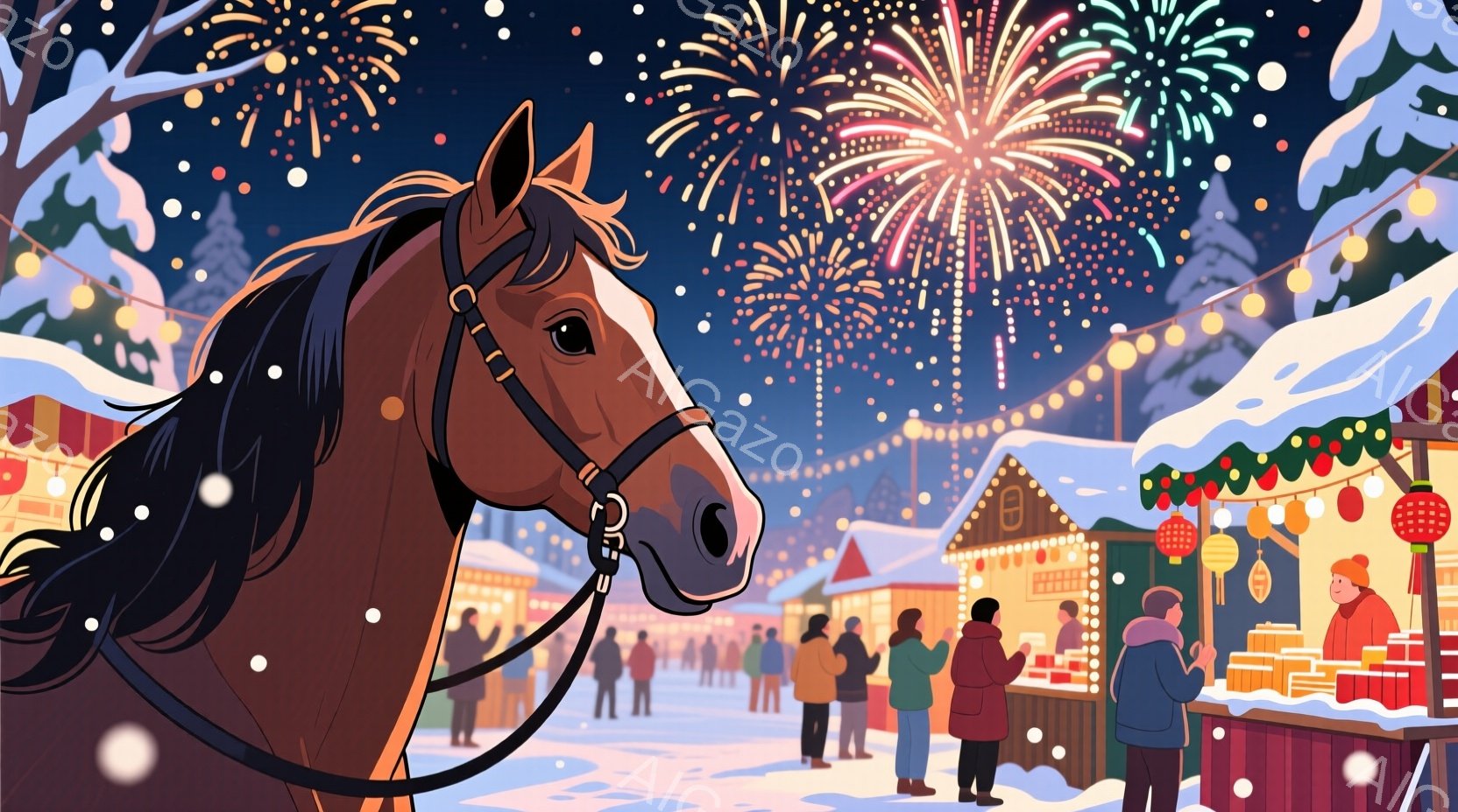 雪が舞うクリスマスのマーケットを背景に、茶色の馬がこちらを見ています。人々は冬のコートを着て、マーケットの屋台でお買い物を楽しんでおり、背景には可愛らしい木造の建物が並んでいます。全体的に暖かく、賑や - AI生成フリー素材