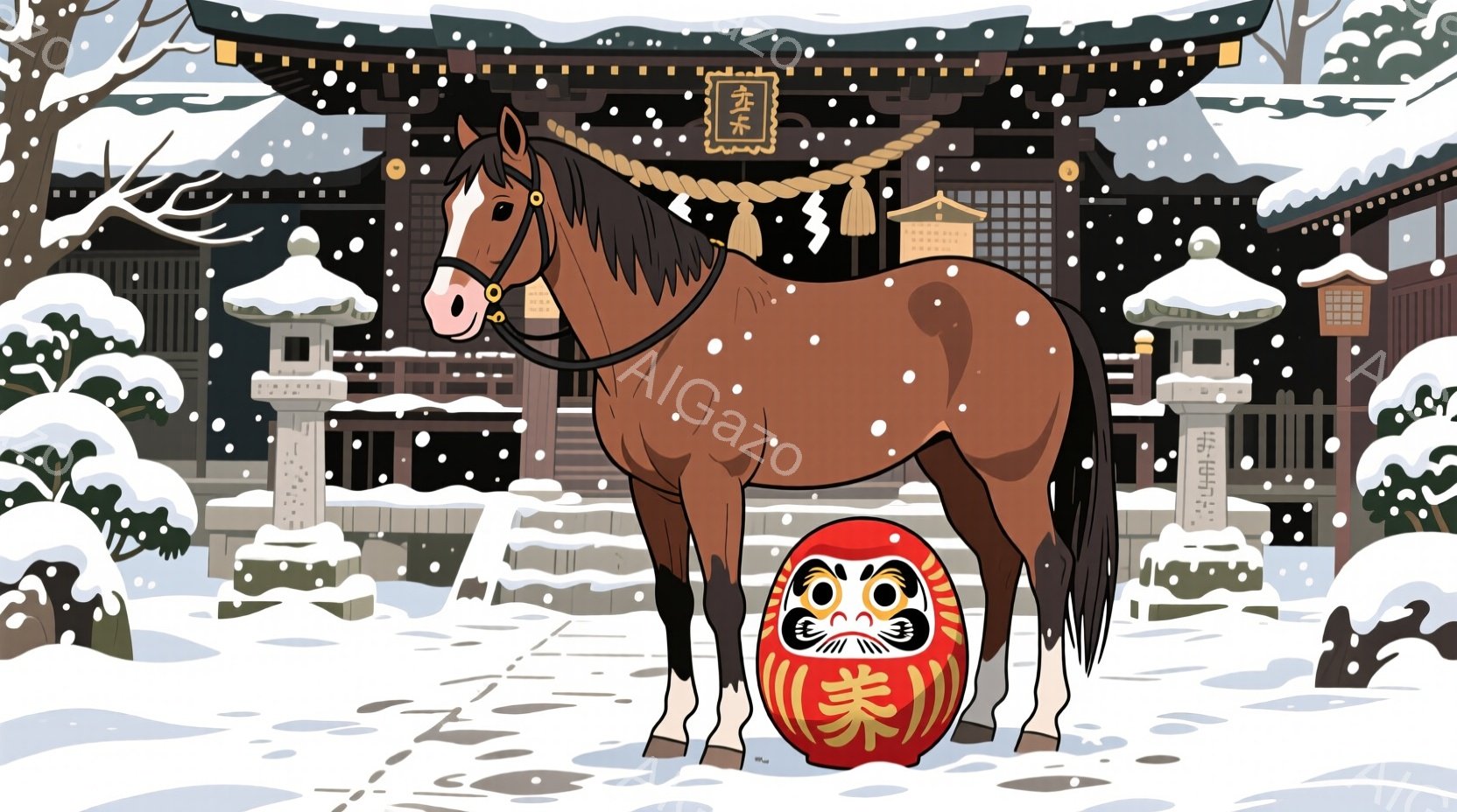 寺院の雪景色の中に、茶色の馬が立っている。馬は手綱をつけており、雪に覆われた参道を見つめている。背景には、雪化粧した建物と木々があり、赤い縁起の良いダルマの人形が馬の足元に置かれている。