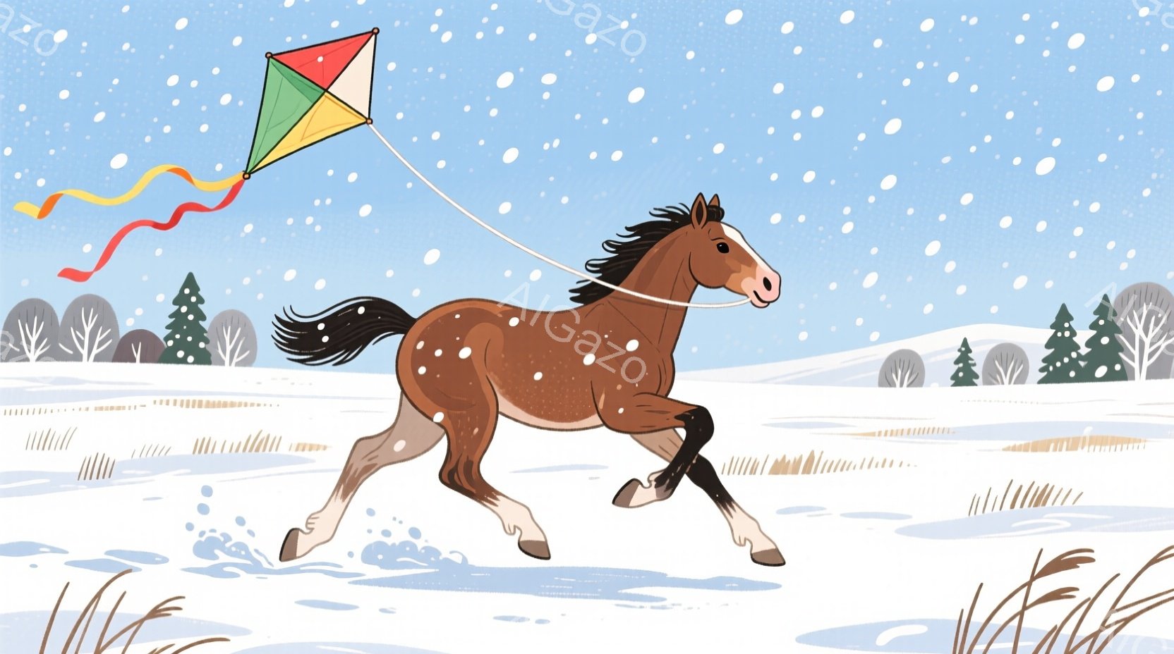 茶色の馬が雪景色の中を力強く駆けている。馬のたてがみと尾は黒く、風になびいている。背景には、雪で覆われた草原と、遠くに見える針葉樹林が広がっており、まるで冬の童話のような雰囲気を醸し出している。 - AI生成フリー素材