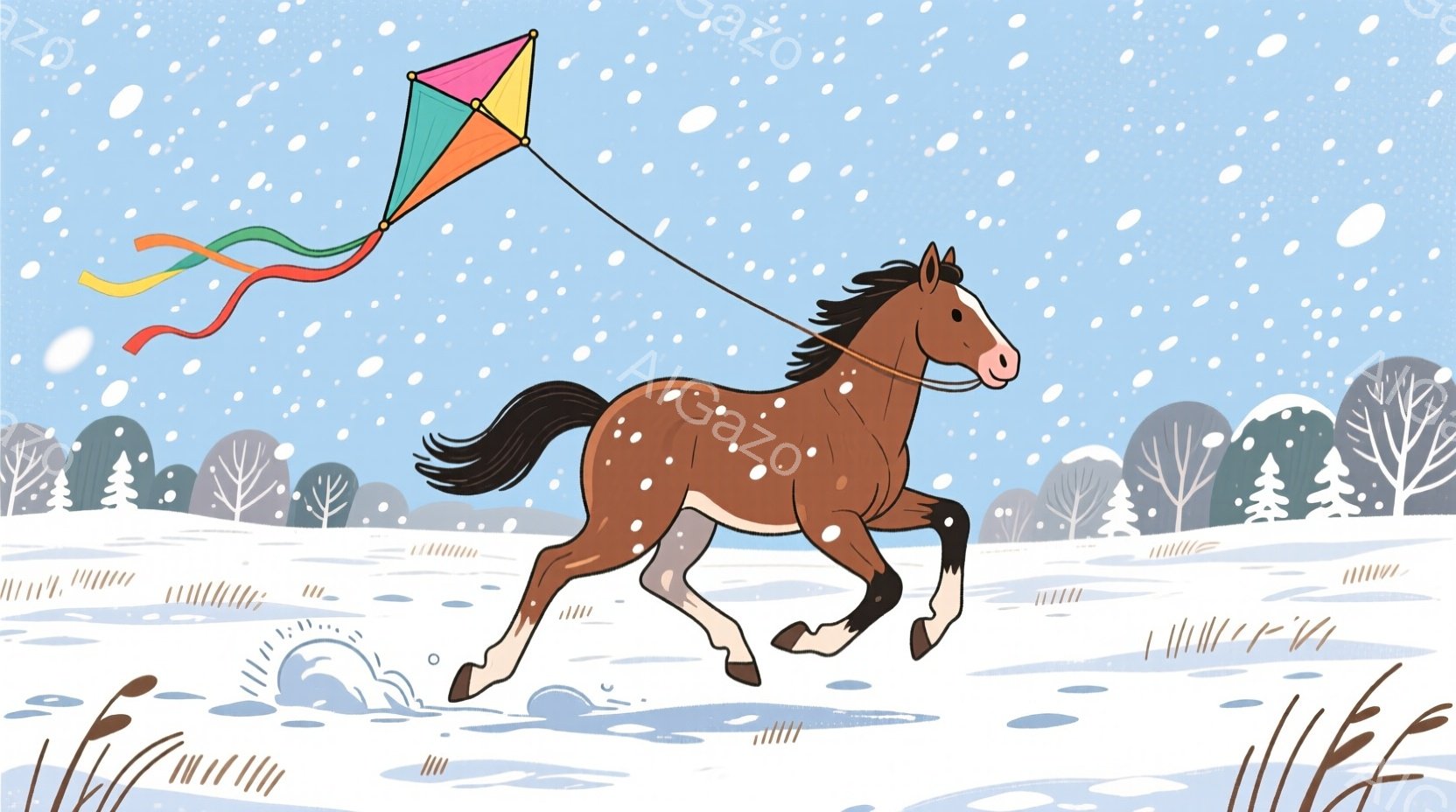 茶色の馬が雪景色の中を駆け抜けています。馬は白く染まった草の上に泥を跳ね上げながら、カラフルな凧を引いており、冬の活気ある様子が伝わってきます。背景には裸の木々と雪が舞う空が広がっており、冷たくも温か - AI生成フリー素材