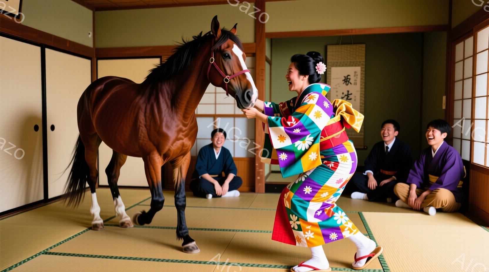 鮮やかな色合いの着物を着た女性が、茶色の馬の前に立って両手を広げています。背景には畳敷きの部屋があり、若い男性たちが正座して女性と馬を見守っています。全体的に、伝統的な雰囲気の中で行われるお祝いやイベ - AI生成フリー素材