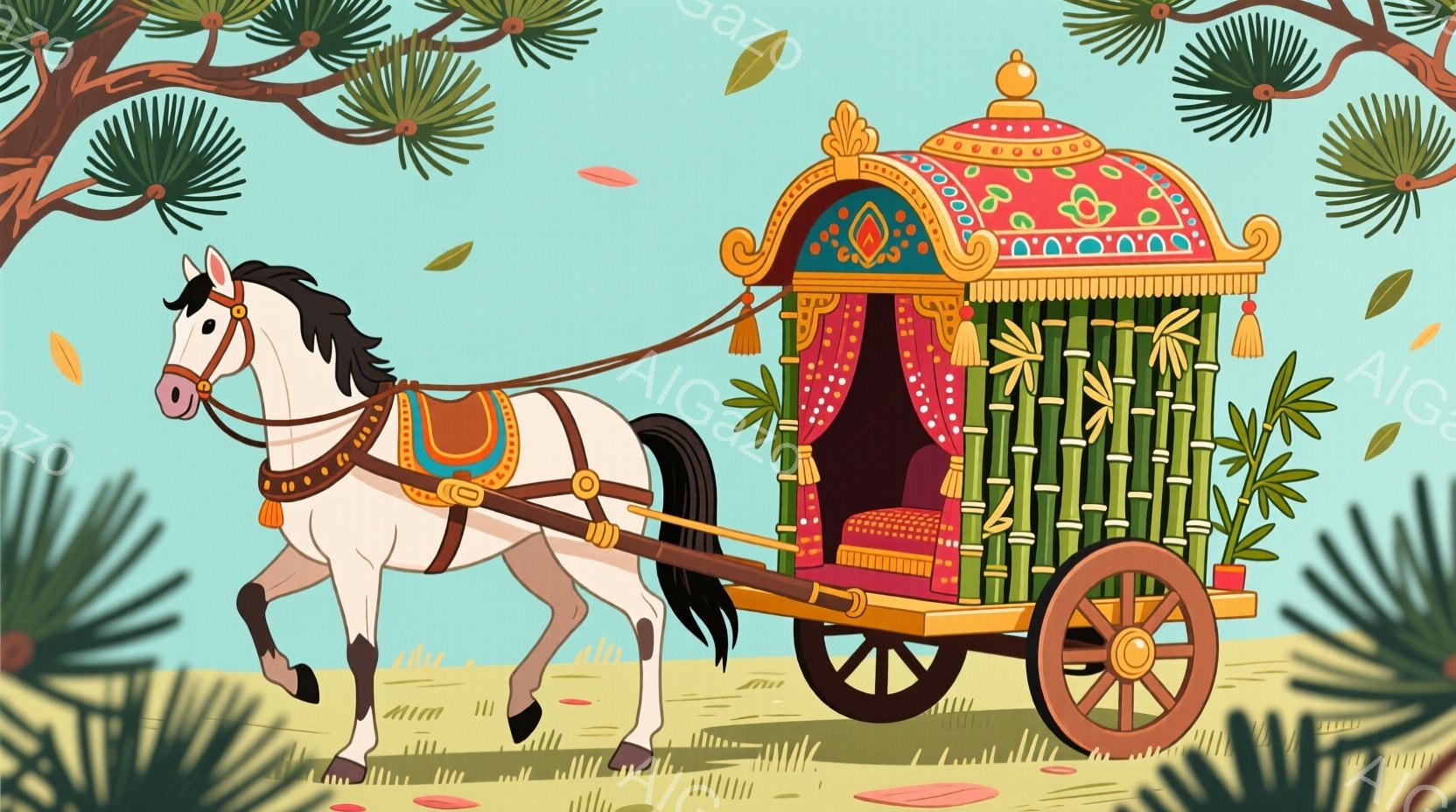 白い馬が華やかなパラン車を牽いて草原を駆けている。パラン車は赤、金、緑などの鮮やかな色彩で装飾され、豪華な雰囲気を醸し出している。背景には緑豊かな木々と青空が広がり、穏やかで平和な情景が描かれている。