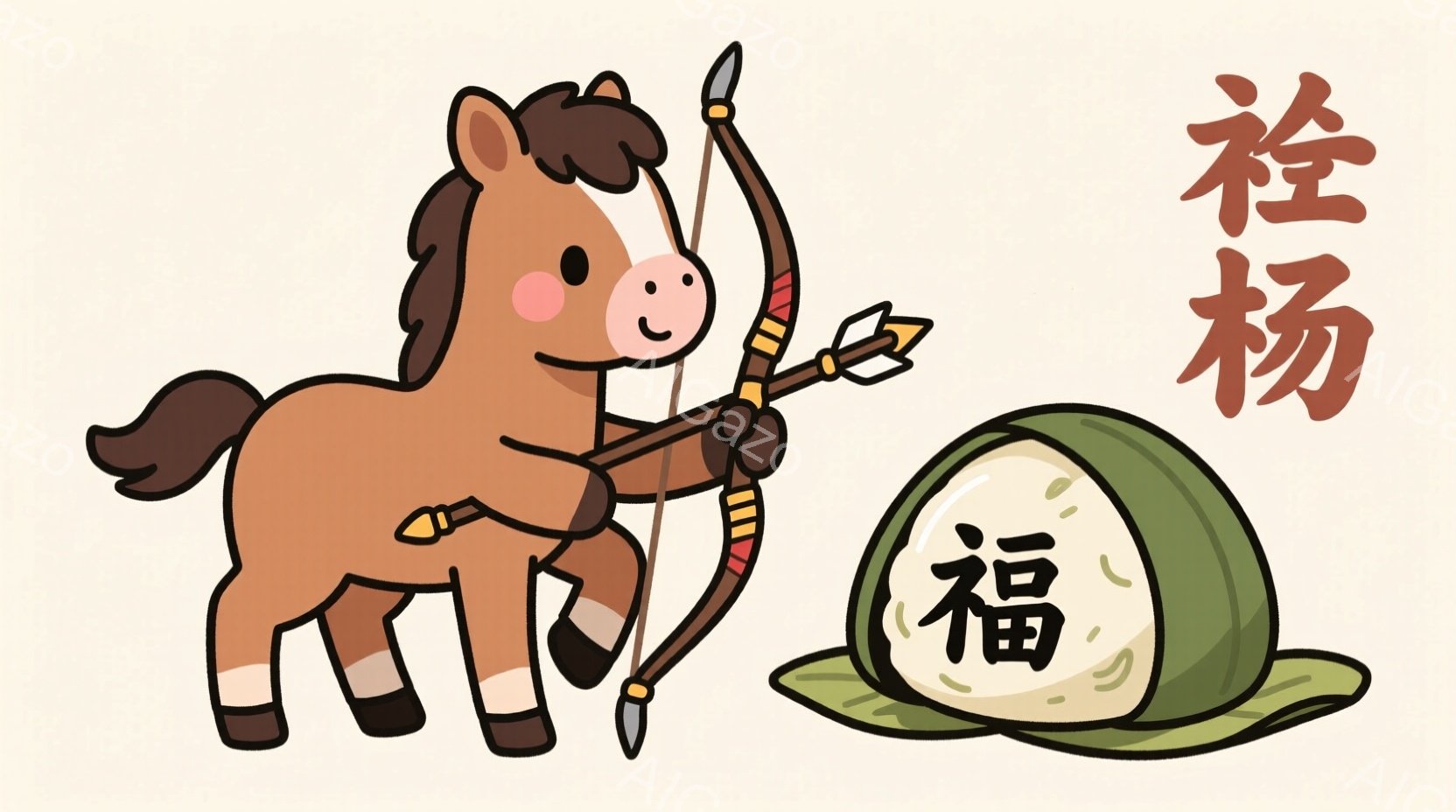 茶色の馬が弓と矢を持って立っており、狙いを定めているように見えます。馬は小さなベルトを身につけており、表情は穏やかで集中しています。背景は淡いベージュ色で、右下には緑色の葉っぱの上に何か丸いものが置かれています。