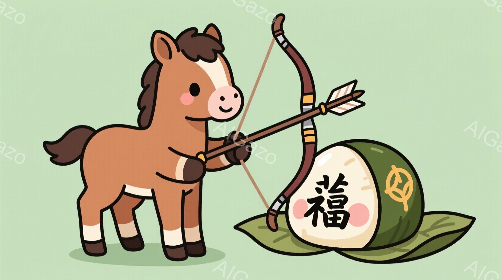 茶色の馬が弓矢を持ってターゲットに向かって構えているイラストです。ターゲットは緑色の葉の上に置かれた白い円盤で、「輪」という文字が書かれています。全体的に明るく、楽しげな雰囲気で、シンプルで可愛らしいタッチです。