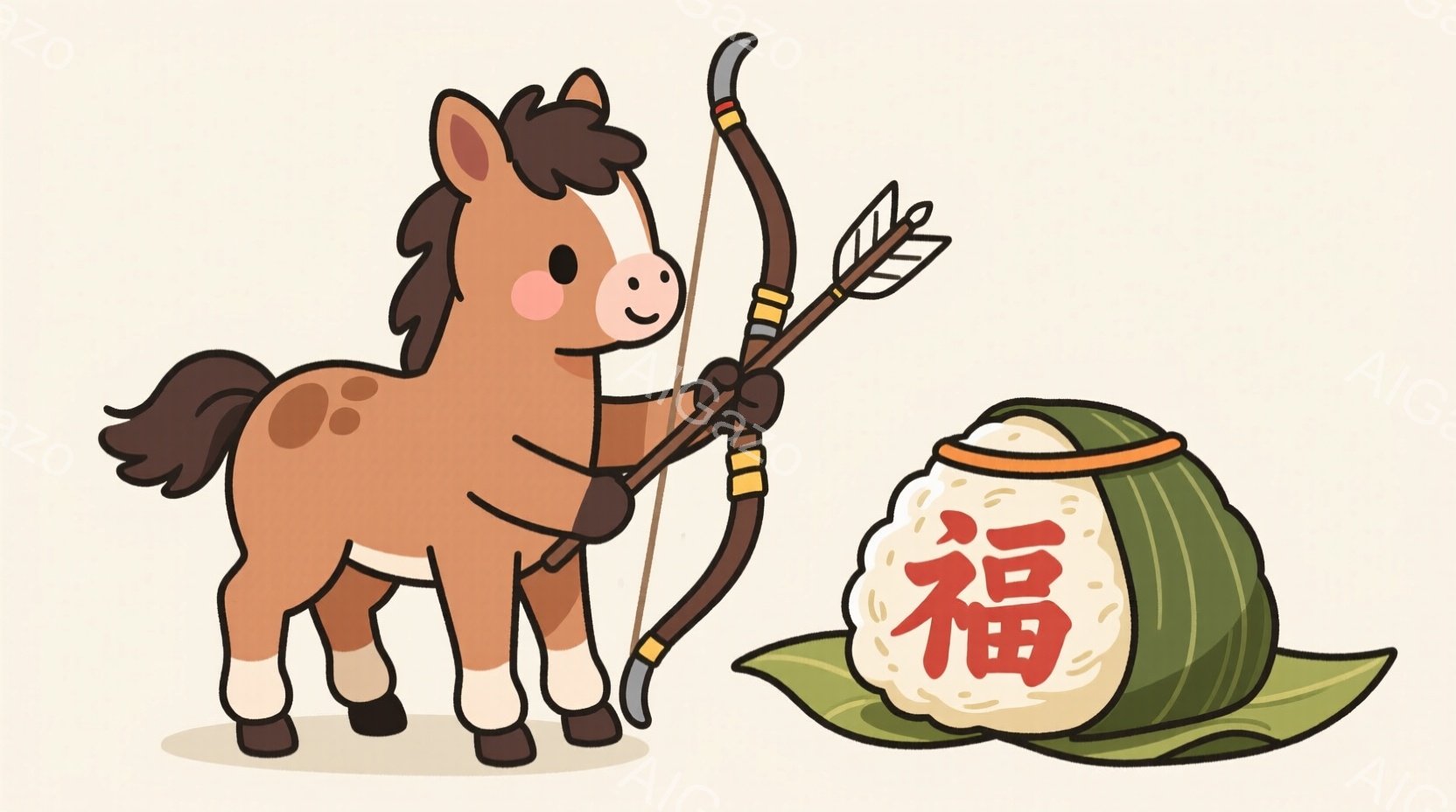 茶色の馬が弓矢を持ち、何かを狙っている様子が描かれています。馬は白いソックスのようなものを履いており、たてがみが可愛らしく、少し微笑んでいる表情です。背景には、葉で包まれた団子（お団子）が描かれており、全体的に温かく、遊び心のある雰囲気が漂っています。