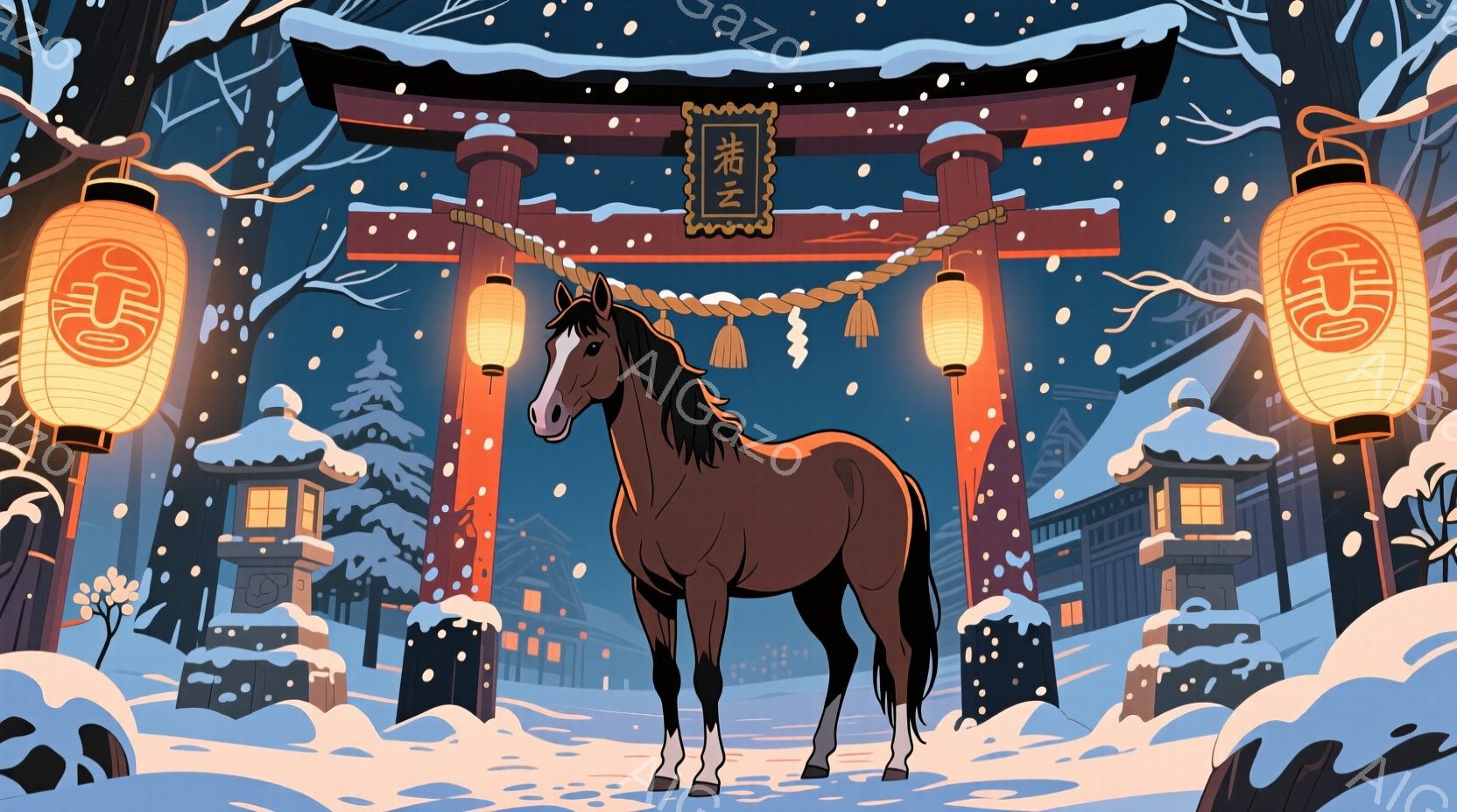 雪が降る中で、茶色の馬が鳥居の下に立っている。背景には伝統的な日本の家々が並び、提灯が灯されており、冬の静かで幻想的な雰囲気を醸し出している。馬は落ち着いて立ち、雪景色の中でひときわ目立つ存在感を放っ - AI生成フリー素材