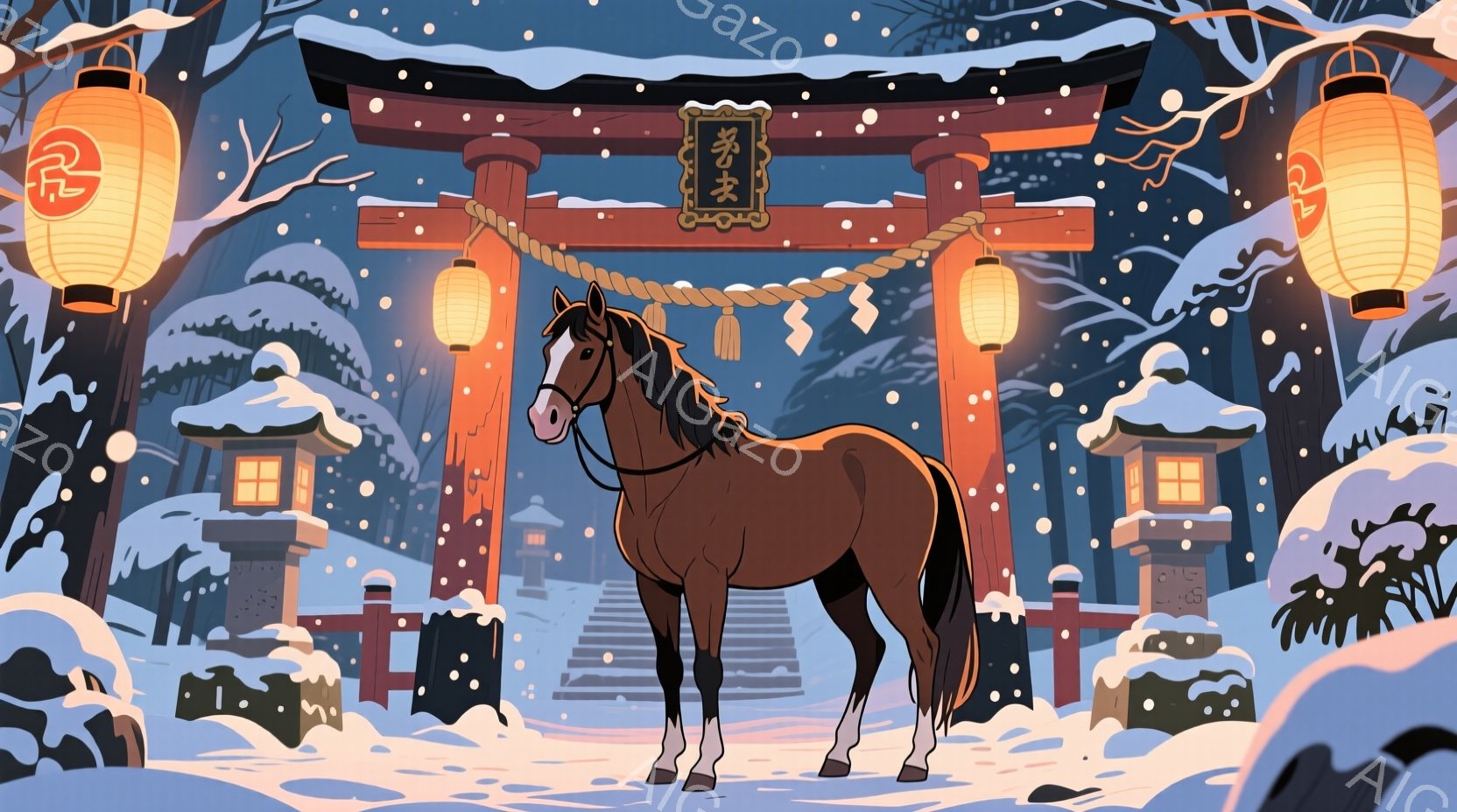 雪が降り積もる中、朱色の鳥居が印象的な風景の中に、一頭の栗色の馬が立っている。馬は正面を向き、静かに雪景色を見つめているようで、周囲には雪化粧された松や、提灯が灯る小さな建物が見える。全体的に、静寂で幻想的な冬の雰囲気が漂っている。