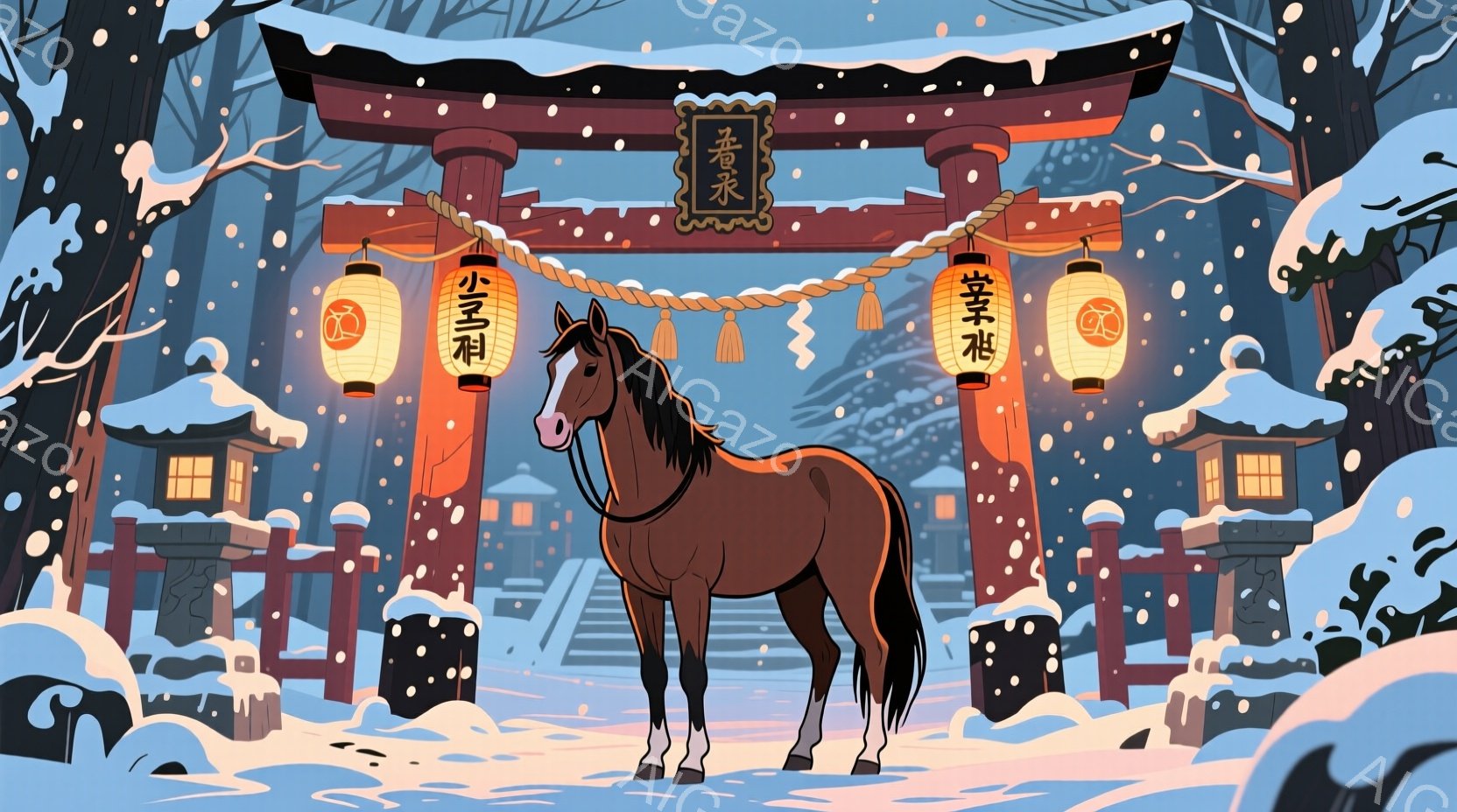 深い赤色の鳥居が雪景色の中にそびえ立ち、その下には茶色の馬が静かに立っています。馬は力強く堂々とした姿勢で、周囲の雪景色と鮮やかな鳥居が対照的です。背景には伝統的な日本の建物が見え、雪が舞い散る冬の静 - AI生成フリー素材