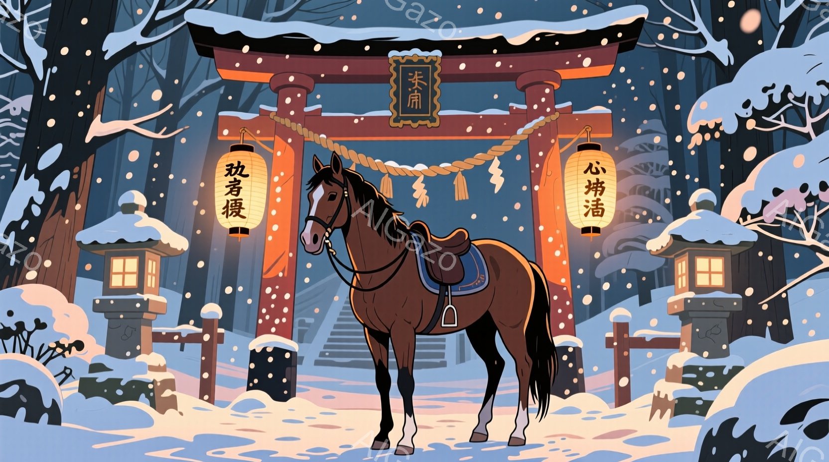 雪が降る中、鳥居の前で鞍を背負った茶色の馬が立っています。背景には、雪に覆われた木々や提灯が飾られた小さな建物が見え、冬の静けさと厳かな雰囲気が漂っています。馬は静かに正面を見据え、まるで祈りを捧げているかのような神聖な様子を表現しています。