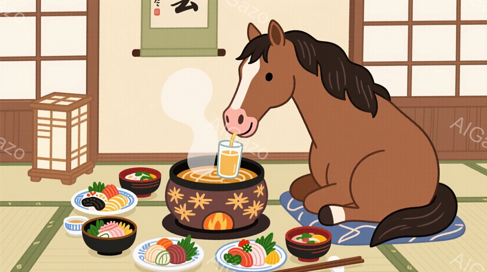 畳の部屋の中央に、大きな栗色の馬が正座して鍋料理を楽しんでいる様子が描かれています。馬は蒸し鍋から伸びる湯気を吸い込み、周囲には寿司や煮物などの様々な料理が並べられています。背景には障子や照明があり、 - AI生成フリー素材