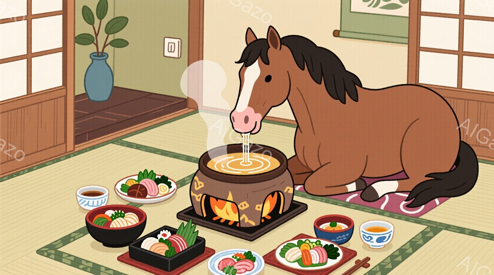 畳の上に座っている馬が、中央に置かれた土鍋から湯気を上げている煮物を美味しそうに食べている様子が描かれています。周りには、ご飯、味噌汁、そして盛り付けられたお寿司などの料理が並べられており、日本の伝統的な食事が広がっています。部屋は明るく、落ち着いた雰囲気で、暖炉の火が暖かさを加えています。