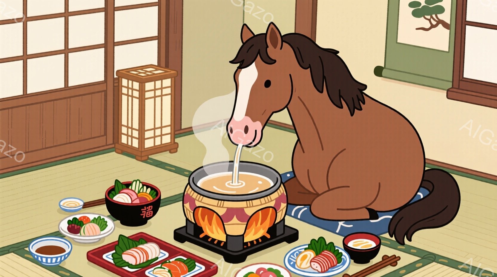畳の部屋で、馬が正座をして鍋料理を楽しんでいる様子が描かれています。テーブルの上には、寿司や小鉢料理が並び、湯気を立てる鍋から馬がストローでスープを吸っています。背景は障子と襖で、落ち着いた和の雰囲気が漂っています。