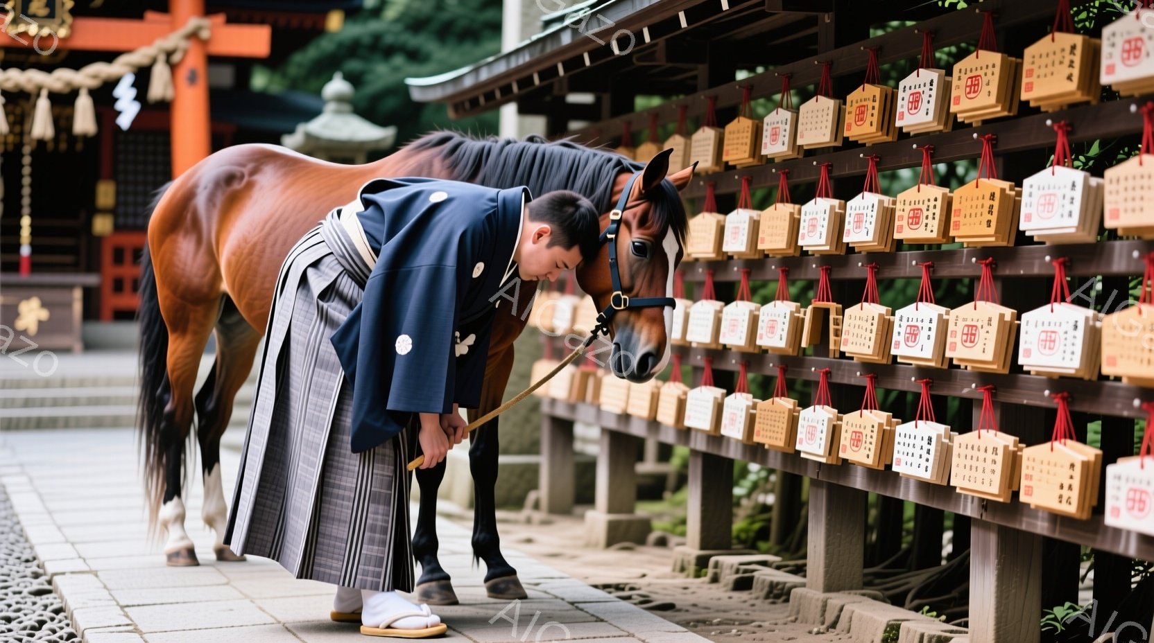 赤毛の馬が、木製の絵馬が並んだ壁の前に立っており、男性が馬の首元に寄り添っています。男性は濃い青と灰色の縞模様の着物のような服を着て、素足で草履を履いており、横向きで少し顔を隠した表情をしています。背景には朱色の建物の一部が見え、緑豊かな木々が生い茂り、穏やかな晴天の下、神聖な雰囲気が漂っています。