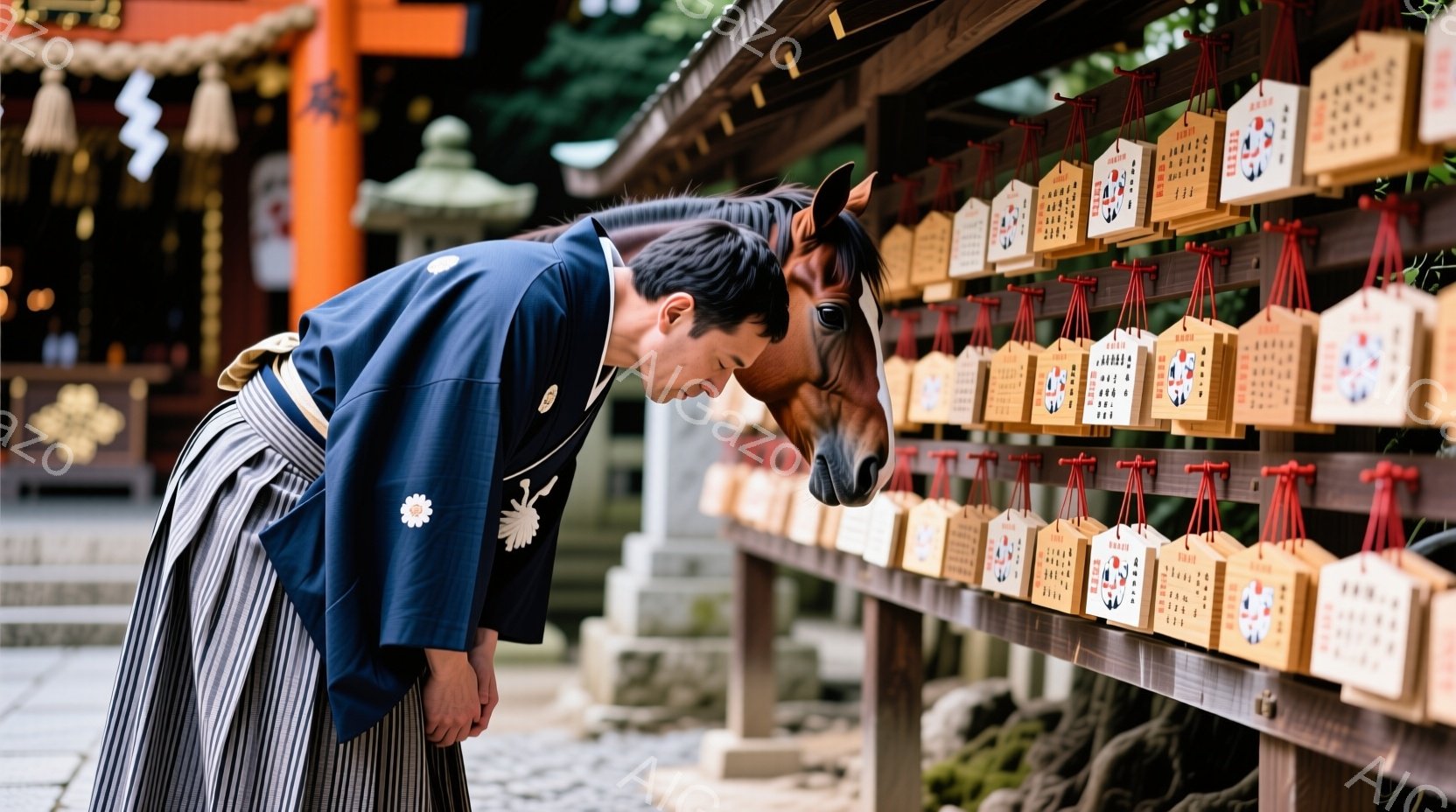 紺色の着物と黒色の袴を身につけた男性が、何枚もの絵馬が吊るされた木製の柵に頭を寄せている。彼は少し前かがみになり、集中した表情で絵馬を見つめているようだ。背景には、鮮やかな朱色の鳥居と緑豊かな木々が見 - AI生成フリー素材