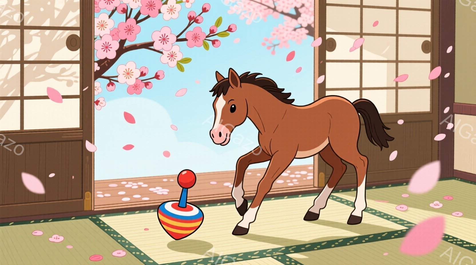 暖色の毛並みの馬が畳の上に立っており、楽しそうに駆け出そうとしています。背景には、桜の花が咲き誇る木と、障子戸が見え、春の穏やかな雰囲気が漂っています。床には舞い散る桜の花びらが散りばめられ、全体的に - AI生成フリー素材