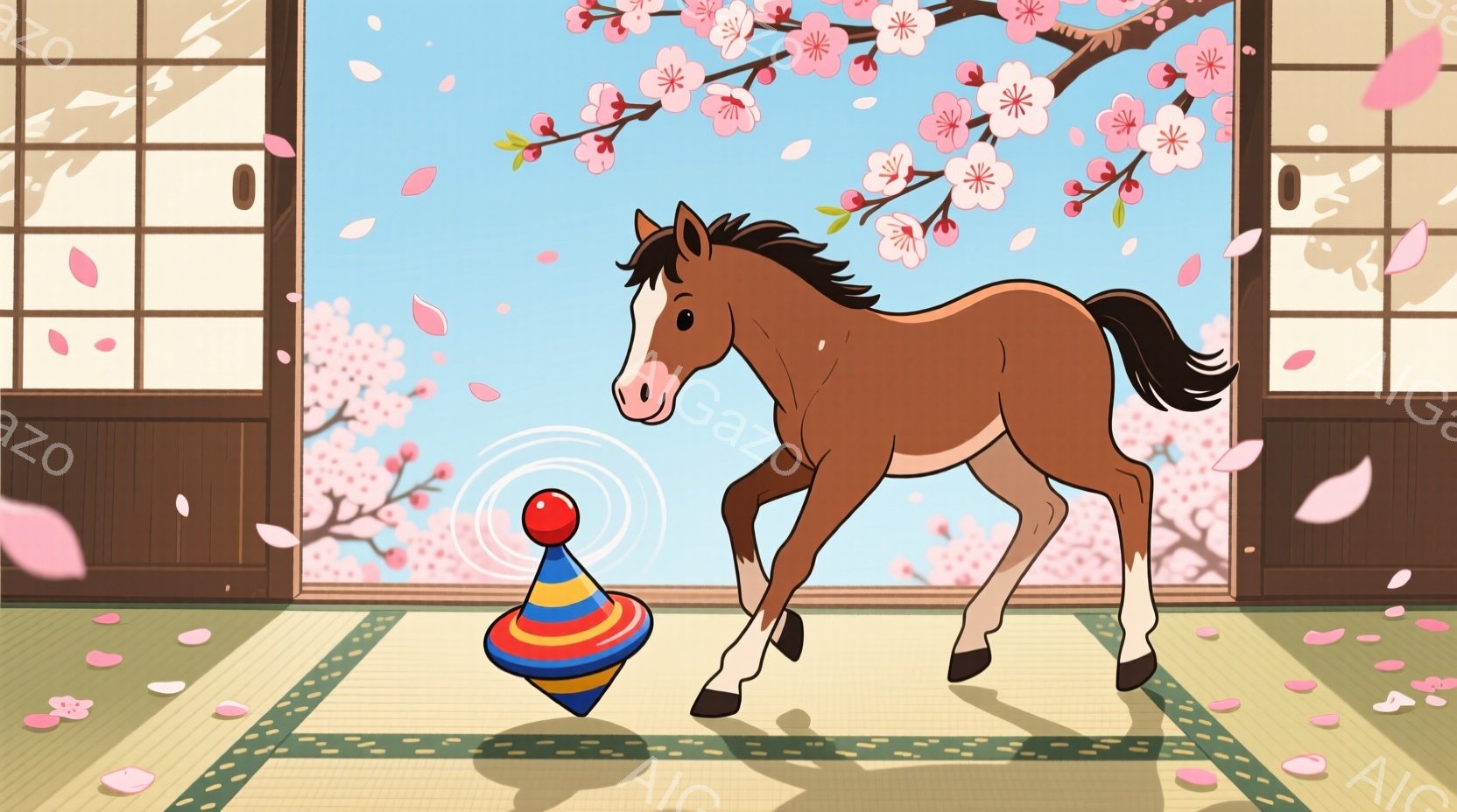鮮やかなピンク色の桜の花びらが舞う、畳の部屋の中に栗毛の馬が描かれています。馬は動きながら、地面に落ちたコマを見つめており、背景には障子と桜の木が見えます。全体的に春の暖かさと馬の好奇心が感じられる、 - AI生成フリー素材