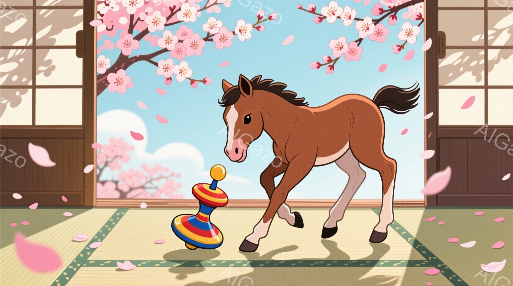 鮮やかなピンク色の桜の花びらが舞う中で、栗色の毛並みの馬が畳の上に駆け寄っています。馬は興味津々とした表情で、黄色と青のコマを見つめており、その姿勢は遊び心に満ちています。背景には伝統的な日本の家屋が - AI生成フリー素材