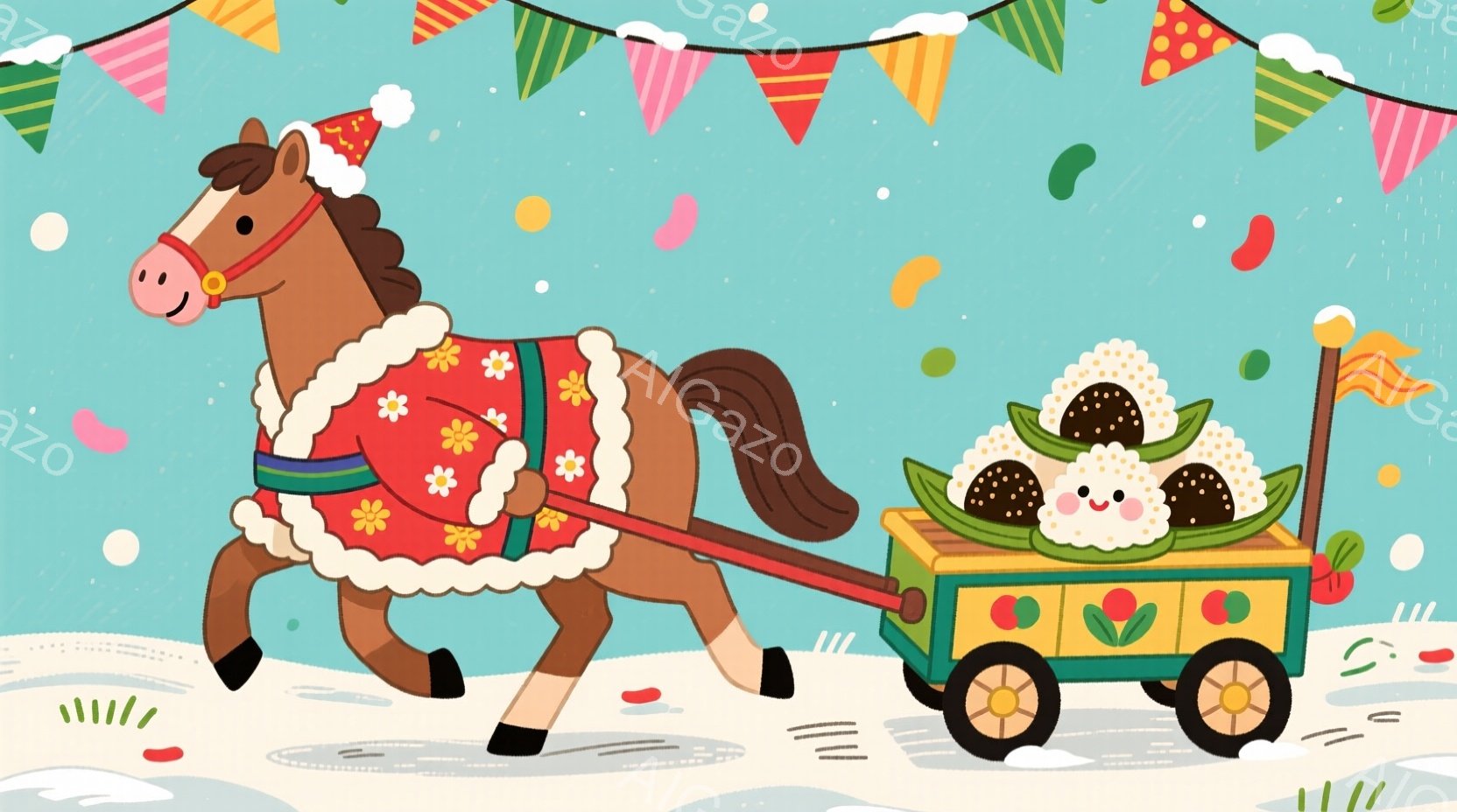 明るい水色の背景に、装飾された馬車を引く栗色の馬が描かれています。馬は赤い帽子をかぶり、花柄の飾り付きのハーネスを身につけ、笑顔で前進しています。馬車の中には、かわいらしい顔をしたおにぎりがたくさん詰まっており、背景にはカラフルな旗や雪のような模様が散りばめられています。
