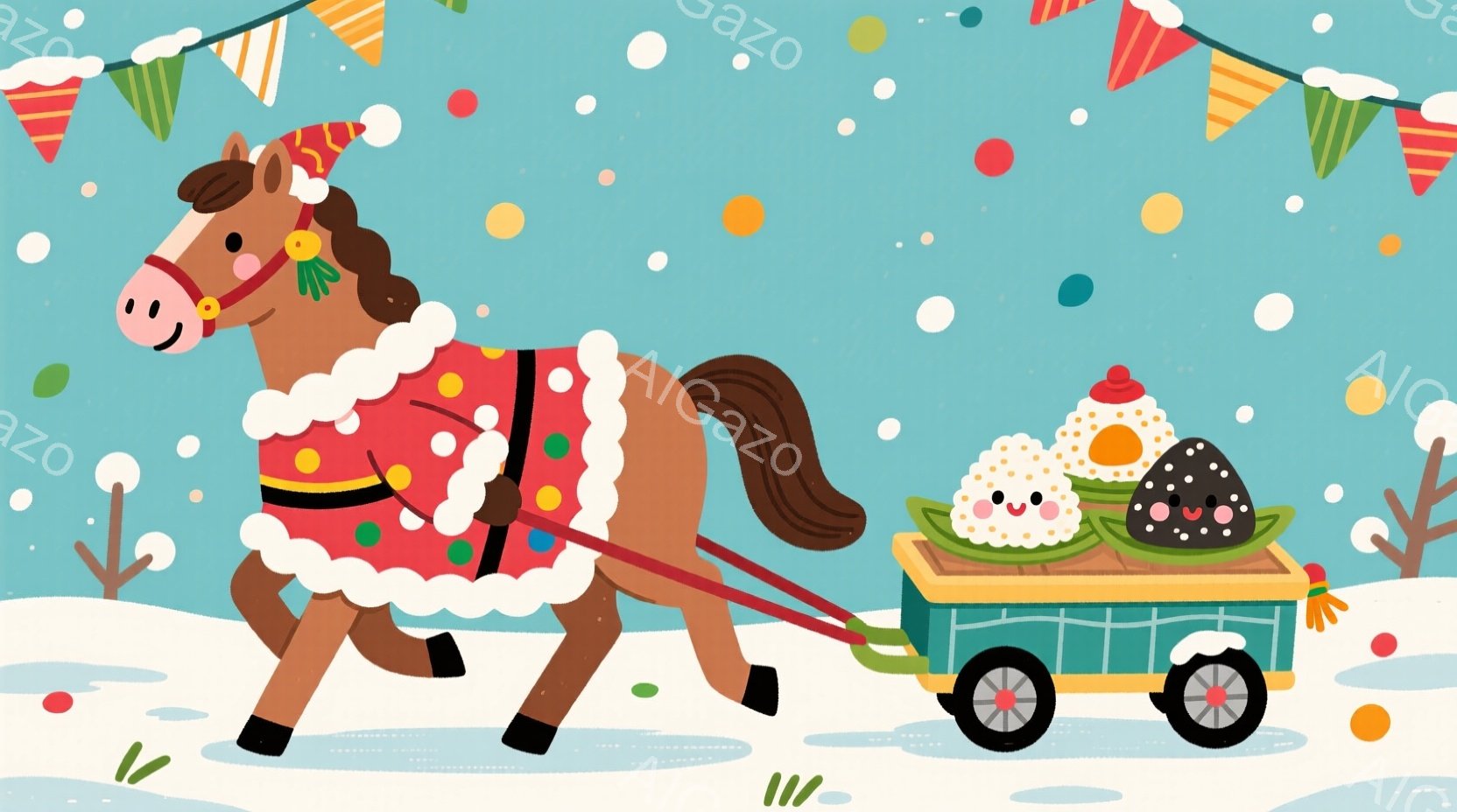 茶色の馬が赤い縁取りの服を着て、雪の中を荷車を引いています。荷車の中には、笑顔の可愛いおにぎりがたくさん並んでおり、まるで移動販売のようです。背景には旗が飾られ、雪が舞っており、温かくて楽しい雰囲気が漂っています。
