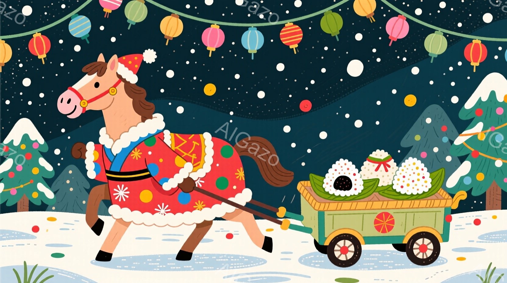 雪が降る中、赤い衣装を着た馬が荷車を引いています。荷車には、可愛らしいリボンで飾られたお餅が沢山積まれており、背景には緑色の木々とカラフルな提灯が飾られています。全体的に暖かく、お祭りや新年を祝うような、楽しい雰囲気が漂っています。