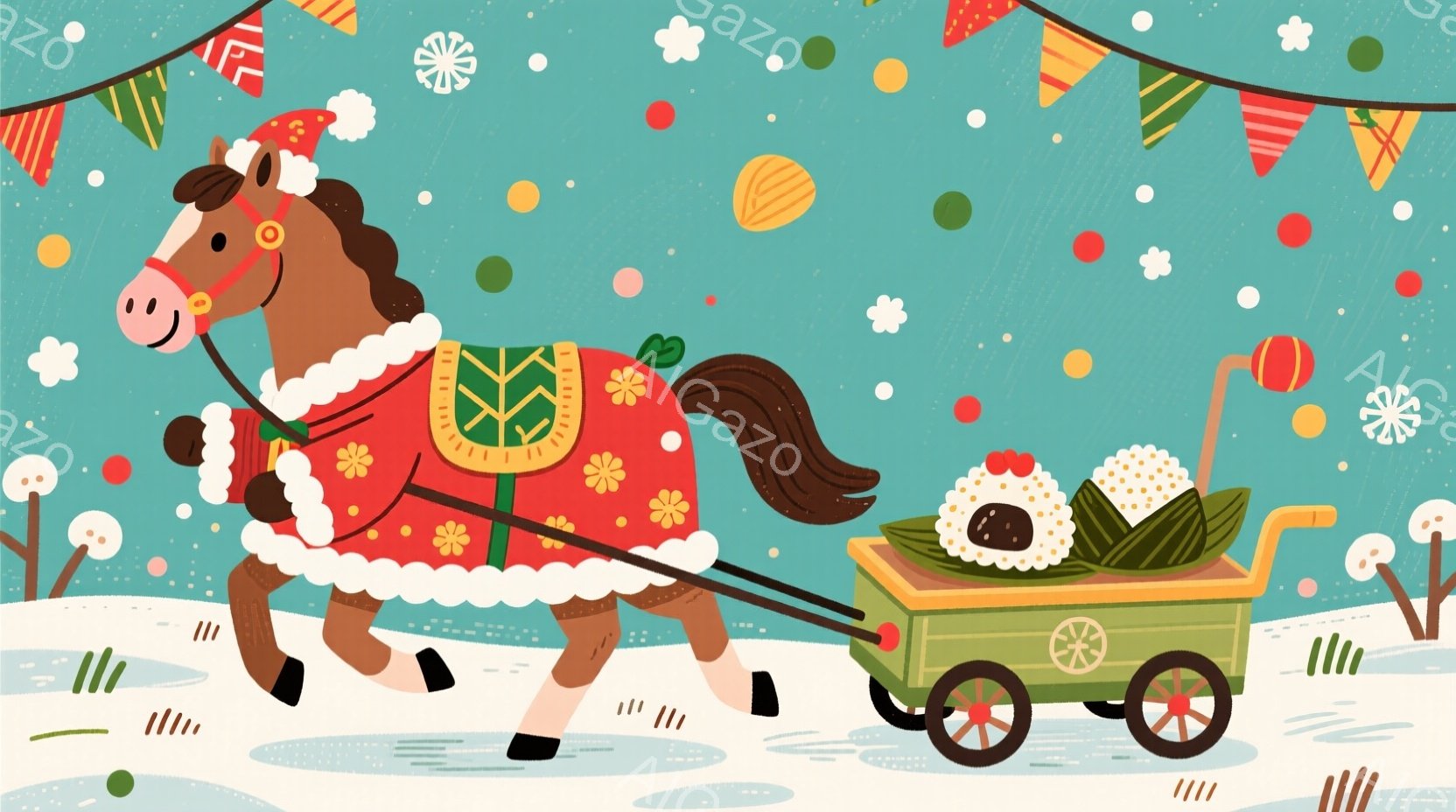 雪景色の中に、飾り立てられた馬が緑色の荷車を引いています。馬は赤い縁取りのある緑色の衣装を身につけ、金色の装飾が施されており、表情は穏やかで楽しそうです。背景には、雪片が舞い、遠くには緑色の植物が見え - AI生成フリー素材