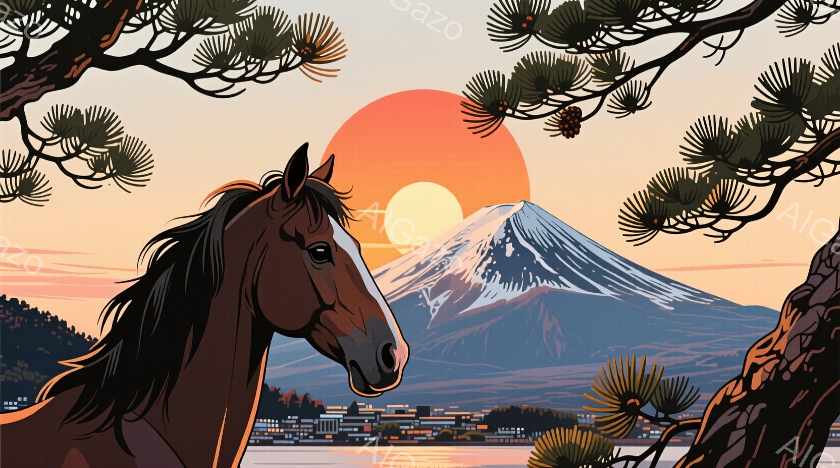 堂々とした栗色の馬が画面の左側に描かれており、その顔は穏やかで力強い表情を浮かべている。背景には、雪を抱いた富士山が夕焼けに照らされ、下には静かな湖と小さな町並みが広がっている。画面全体が、松の木の枝に縁取られ、日本の伝統的な風景と力強い馬の姿が、静寂と荘厳さを感じさせる。