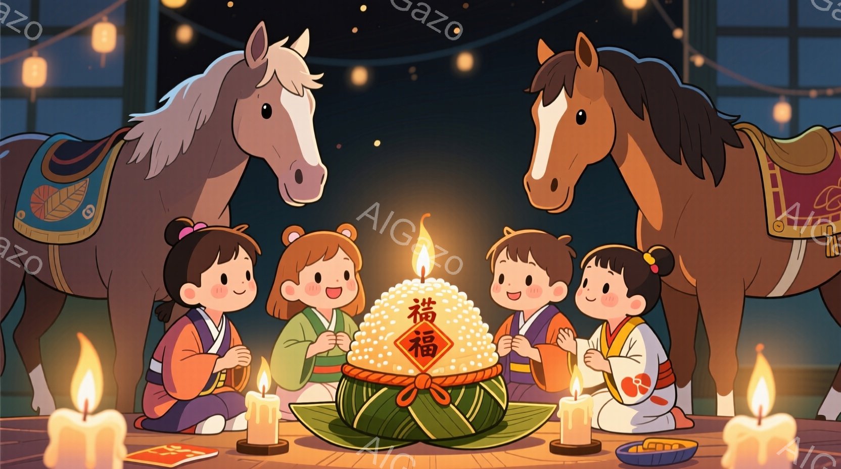 幼い子供たちが円形に座り、中央に置かれた大きなお餅の入ったお飾りを見つめています。彼らは皆、緑と赤の着物を着ており、髪型はそれぞれ異なりますが、明るい笑顔を浮かべています。背景には、提灯が飾られ、力強い馬が2頭描かれており、全体的に温かく、伝統的なお祭りや儀式の雰囲気が漂っています。