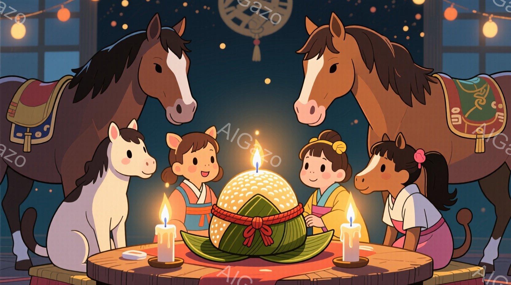 温かい光に照らされた円卓を囲み、馬たちが集まっている。人々は日本の伝統的な着物を着ており、幼い女の子たちは明るい笑顔を浮かべ、髪を丁寧に結んでいる。背景には日本の建物がぼんやりと見え、提灯の光が灯り、お団子を囲んだ心温まるお祝いの雰囲気が漂っている。
