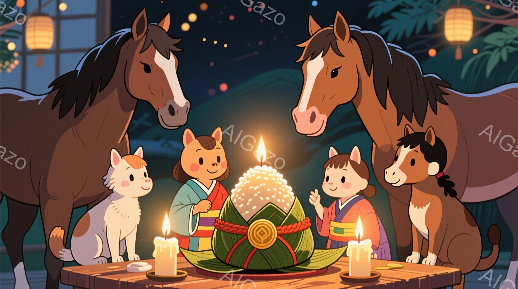 暖かな光に照らされた木製の円卓を囲み、人々は伝統的な和服を身につけ、簡素な髷で髪を結っています。中央には、竹の葉で飾られ、金色の装飾が施されたお供え物があり、周りには灯がともった蝋燭が並んでいます。背 - AI生成フリー素材