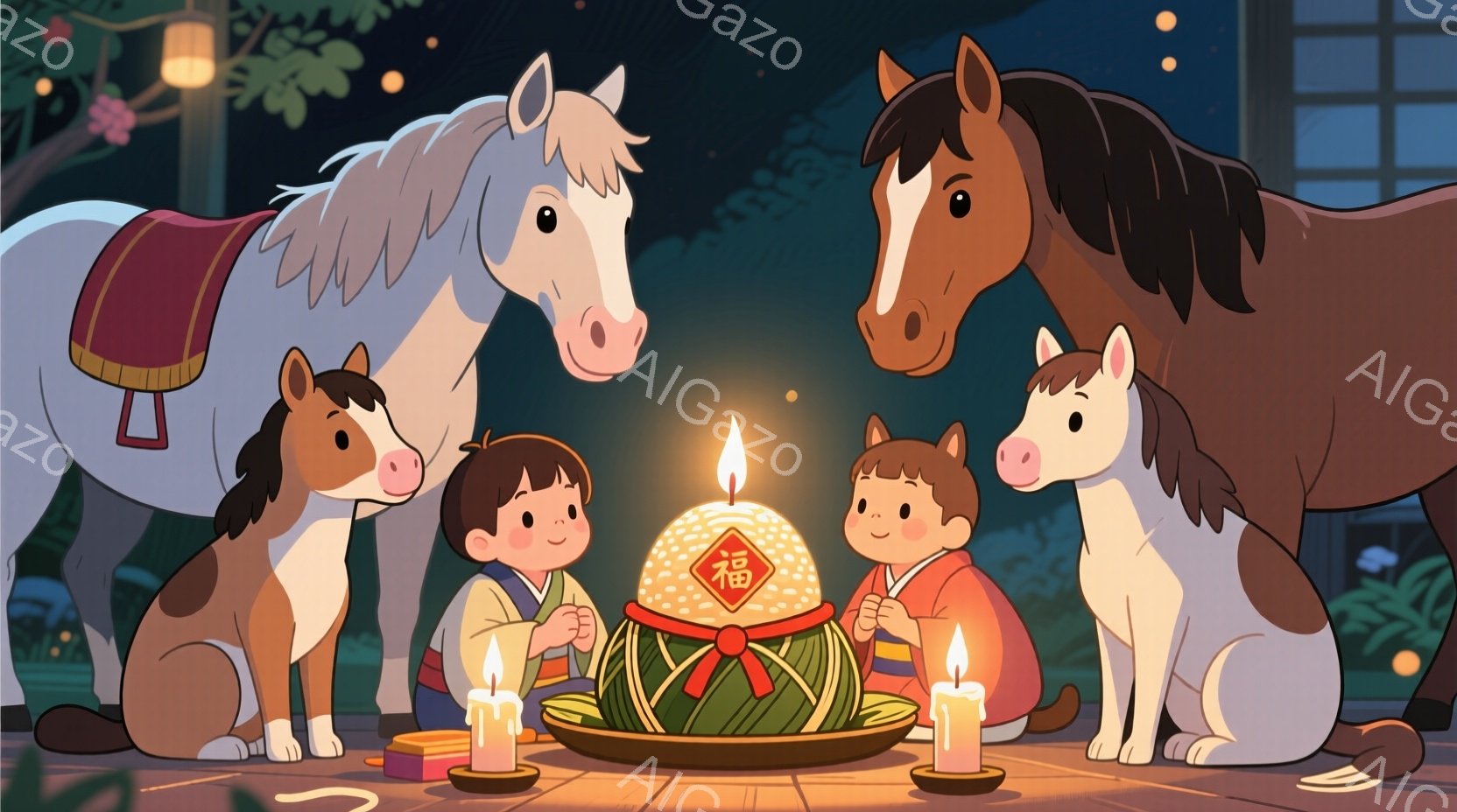 着物姿の二人の幼い子供たちが、藁で作られた大きな団子を見つめています。子供たちは笑顔で、団子を取り囲むように立っており、団子の周りには灯りが灯されています。背景には、日本の伝統的な建物と緑豊かな植物が - AI生成フリー素材