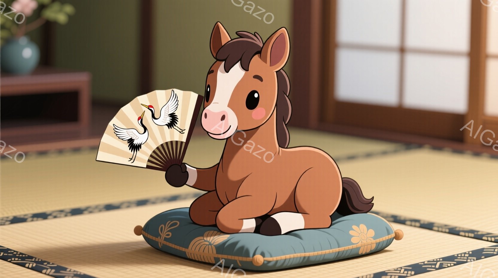 栗色の馬が畳の上に座っており、片手に扇子を持っています。馬は穏やかな表情で、リラックスした姿勢で座蒲団に腰掛けています。背景には、緑色の壁と木製の家具が見え、部屋全体が落ち着いた雰囲気です。 - AI生成フリー素材