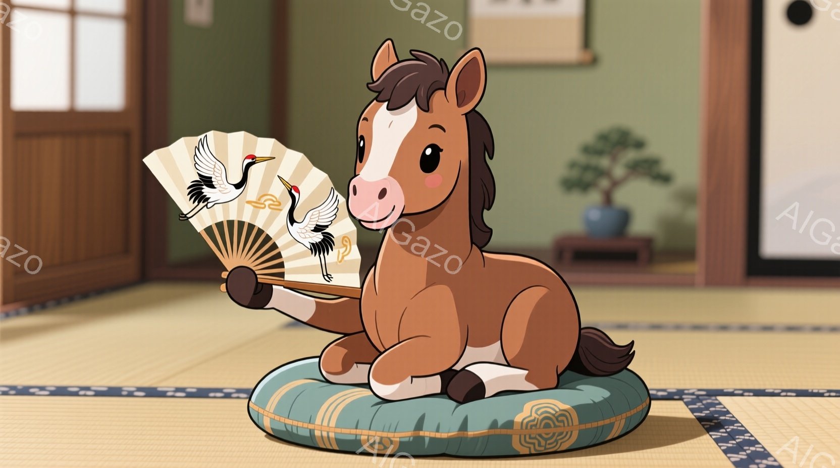 茶色の馬が畳の上に座り、片手に扇子を持っています。馬は白い布を巻き、穏やかな表情で、リラックスした姿勢を見せています。背景には木製の柱、畳の床、そして小さな盆栽があり、日本の伝統的な雰囲気を感じさせま - AI生成フリー素材
