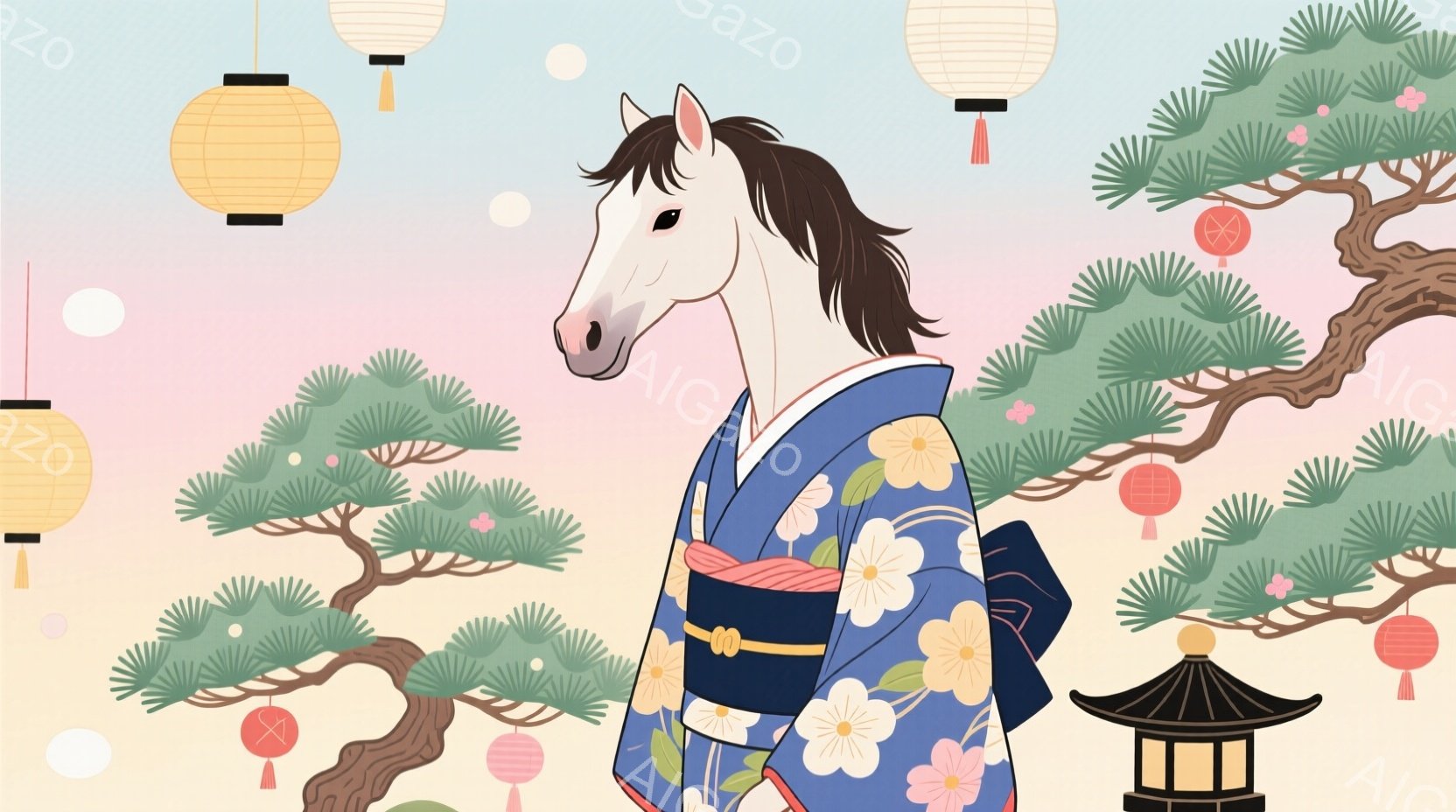 白い馬が、青地に白とピンクの桜柄の着物を着て立っています。馬は赤い帯で締められ、黒い房が飾られています。背景には松の木、提灯、そして日本の灯篭があり、穏やかで幻想的な雰囲気を醸し出しています。 - AI生成フリー素材