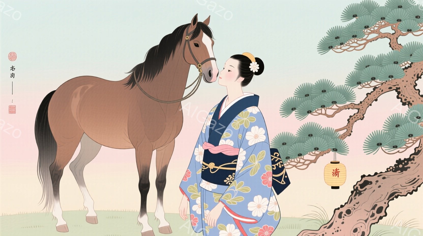 女性は明るい青地に花柄の着物を着ており、白い帯で結ばれています。彼女は髪を高く結い、かんざしで飾っています。背景には松の木が生い茂り、田園風景が広がっています。 - AI生成フリー素材