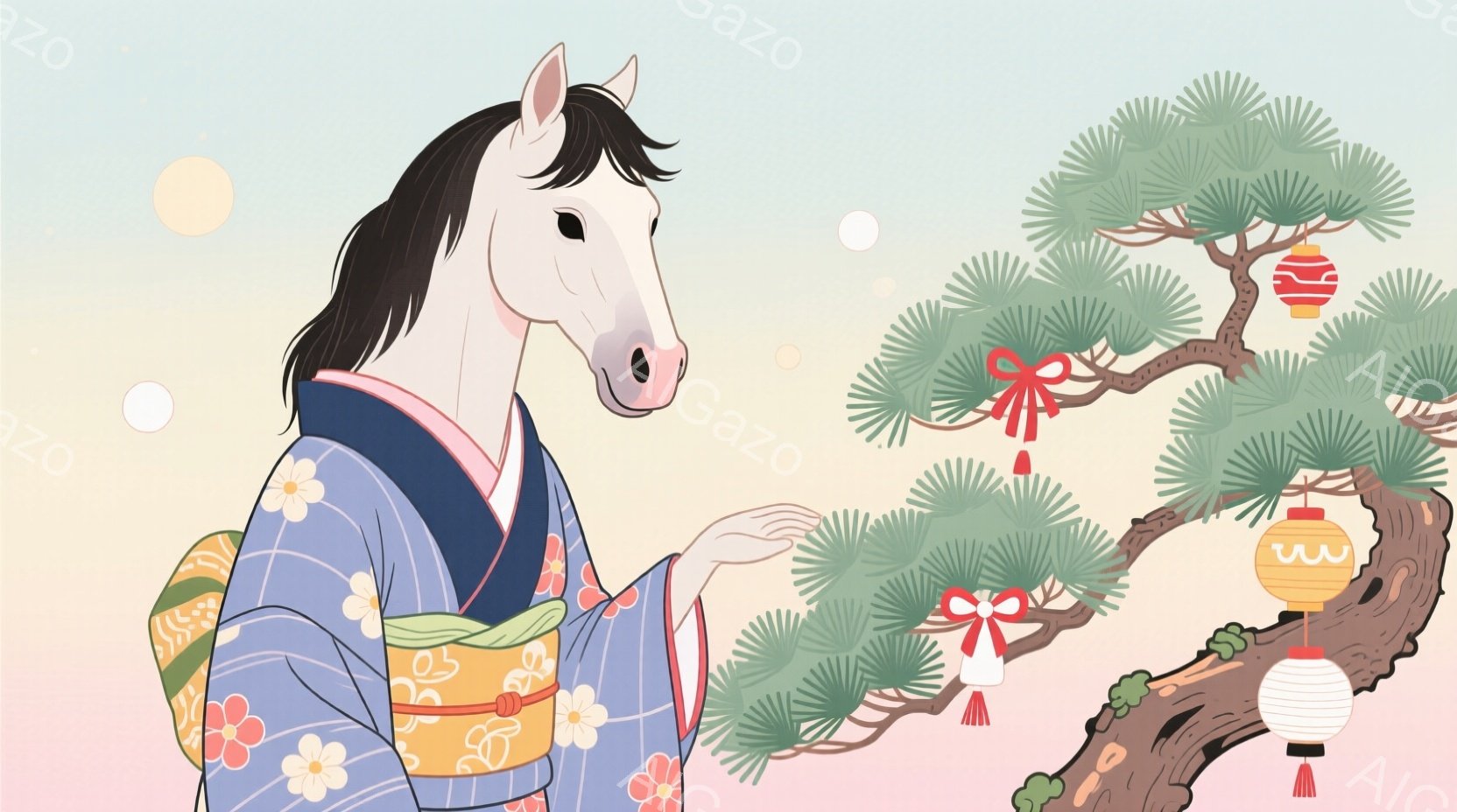 白い馬が着物を着て、右手を伸ばして何かを示しているように見える。着物は藍色と黄色の花柄で、髪型は黒くまとめられている。背景には松の木と柔らかなピンクと水色のグラデーションがあり、全体的に穏やかで優雅な - AI生成フリー素材