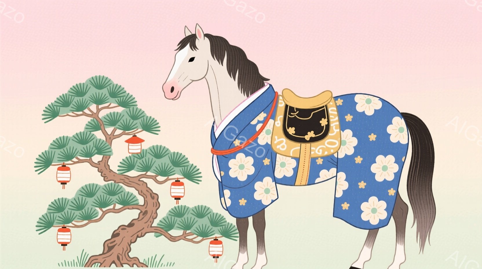 白い馬が、青地に白い花模様の着物を着て立っています。背景には、灯籠が吊るされた松の木があり、全体的に穏やかで幻想的な雰囲気が漂っています。馬は正面を向き、落ち着いた表情で、日本の伝統的な美しさを感じさ - AI生成フリー素材