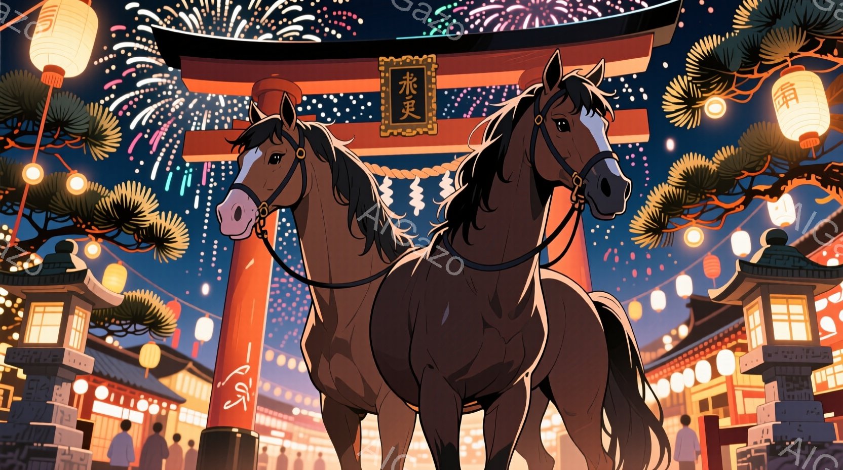 漆黒の毛並みを持つ馬が、鳥居の下に堂々と立っている。背景には、提灯が灯る古い町並みと、夜空に咲く花火が広がり、活気のあるお祭りの雰囲気が漂う。馬の力強い姿と、賑やかな背景が対照的で、独特の魅力を生み出 - AI生成フリー素材
