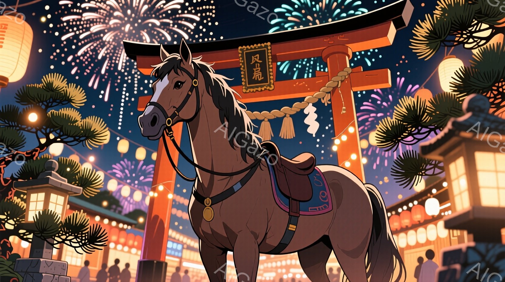 提灯が灯る夜の街並みを背景に、飾り立てられた茶色の馬が立っている。馬は鞍をつけ、夜空に打ち上げられる花火を見上げているような姿勢であり、穏やかで堂々とした雰囲気を醸し出している。背景には伝統的な日本建 - AI生成フリー素材
