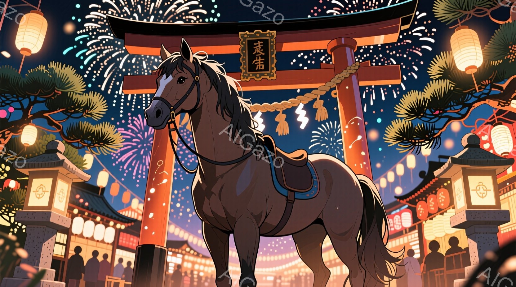 灰色の馬が鳥居の下に立っており、鞍を背負っています。背景には、提灯が灯る伝統的な建物が並び、遠くには花火が打ち上げられています。全体的に、祭りの夜の静かで幻想的な雰囲気が漂っています。