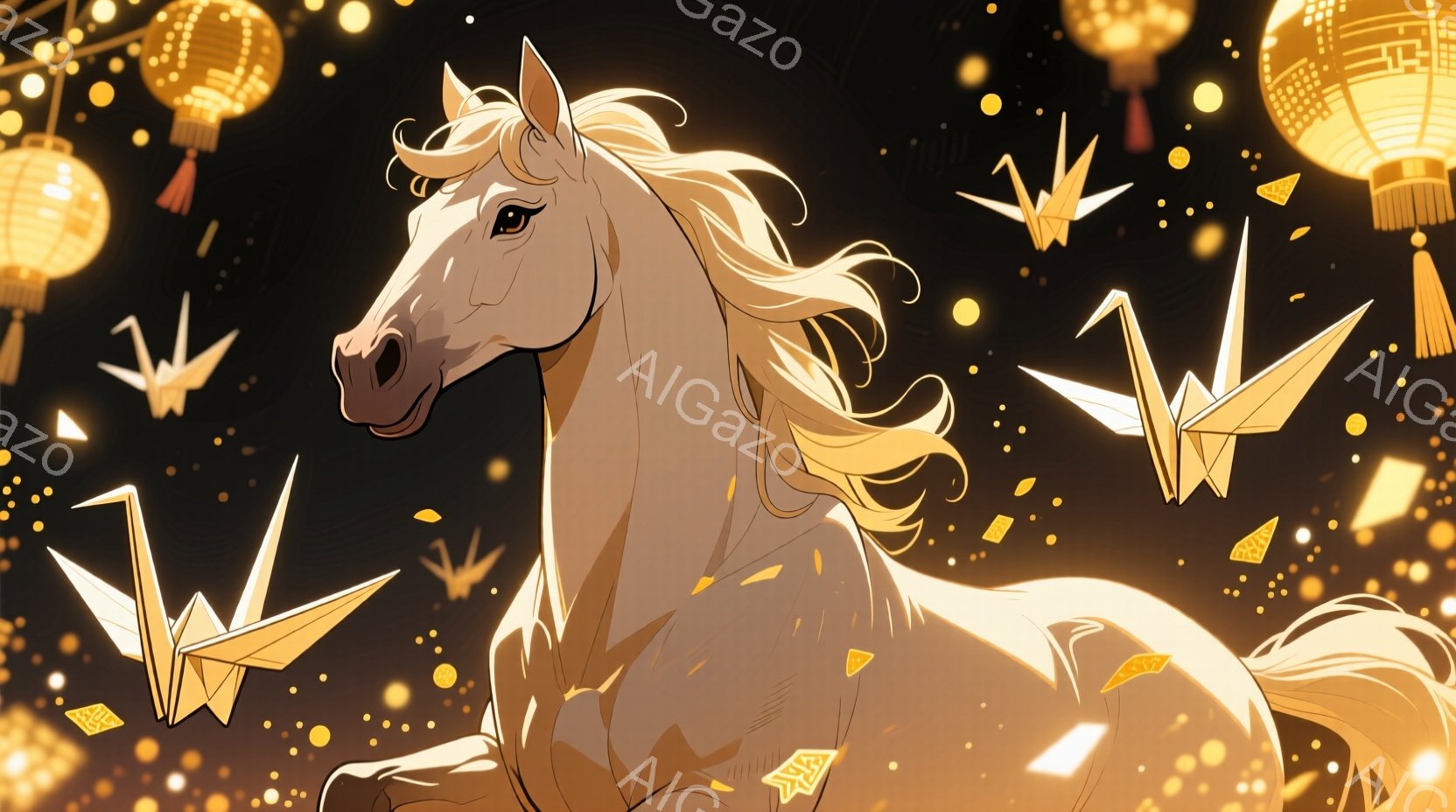 白い馬が、金色の折り紙の鶴と光の粒子に囲まれて疾走している様子が描かれている。馬のたてがみと尾は風になびき、力強く前進する姿はダイナミックで美しい。背景にはぼんやりとした光が灯り、暖かく幻想的な雰囲気 - AI生成フリー素材
