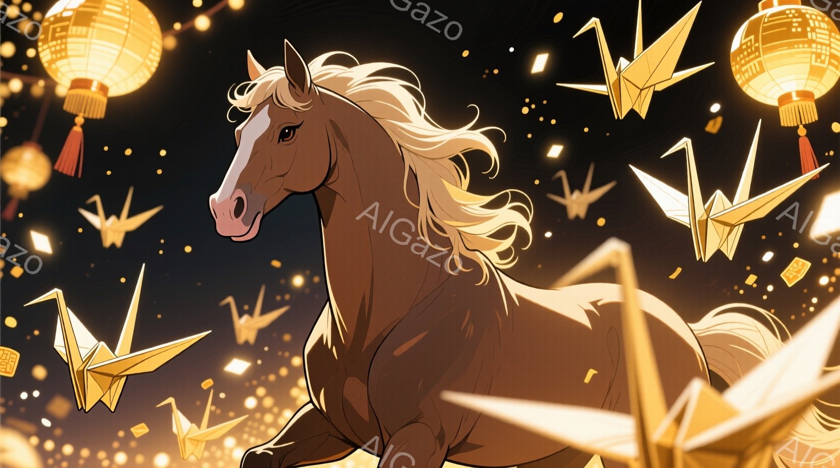 深い茶色の毛並みを持つ馬が、金色の折り鶴に囲まれながら疾走している様子が描かれています。たてがみが風になびき、力強く前進する姿は躍動感に満ちています。背景にはぼんぼりが灯り、祝祭的な雰囲気を醸し出して - AI生成フリー素材