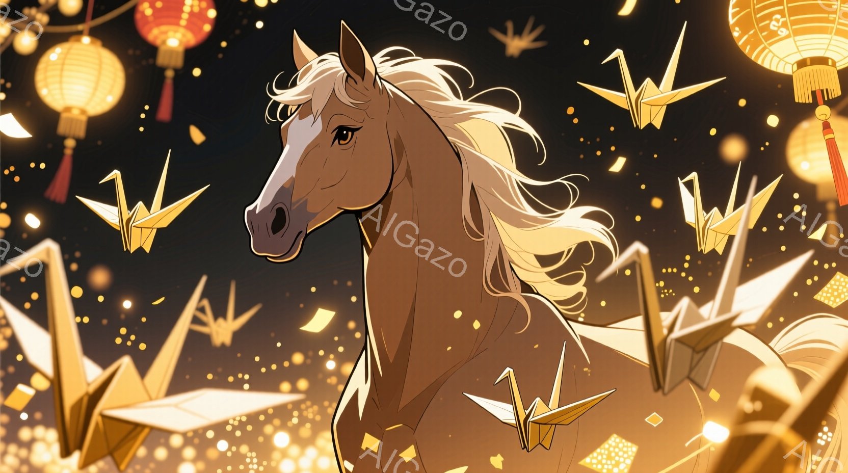 光沢のある栗色の馬が、たてがみをなびかせながら疾走している様子が描かれています。背景には折り紙の鶴が舞い、金色の光が降り注ぎ、お祝いの雰囲気を醸し出しています。全体的に暖かく、力強く、希望に満ちたイメ - AI生成フリー素材