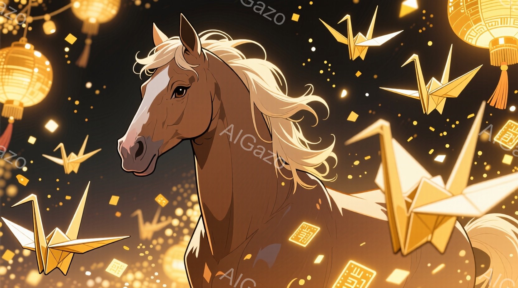 明るい茶色の馬が、金色の折り紙の鶴と提灯に囲まれて描かれています。馬は優雅な姿勢で正面を見つめ、たてがみが風になびいています。背景は暗く、金色の光が散りばめられており、お祭りや祝賀の雰囲気を醸し出して - AI生成フリー素材