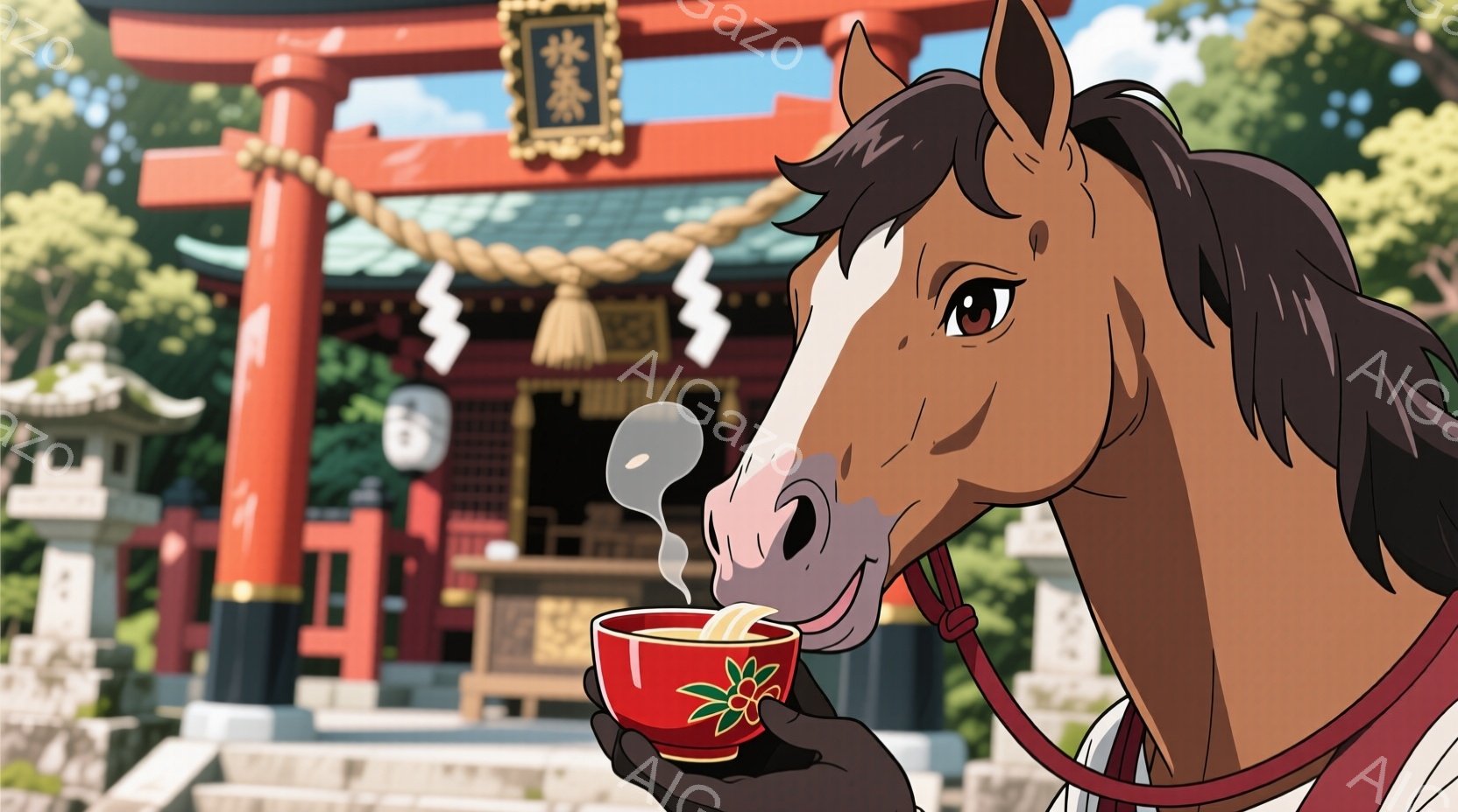 栗色の馬が、赤い柄の湯呑みに入った湯気を立てる麺類を手にしている様子が描かれています。背景には朱色の神社の建物が見え、緑豊かな自然と晴天が広がっています。温かい雰囲気と、どこかユーモラスな情景が印象的です。