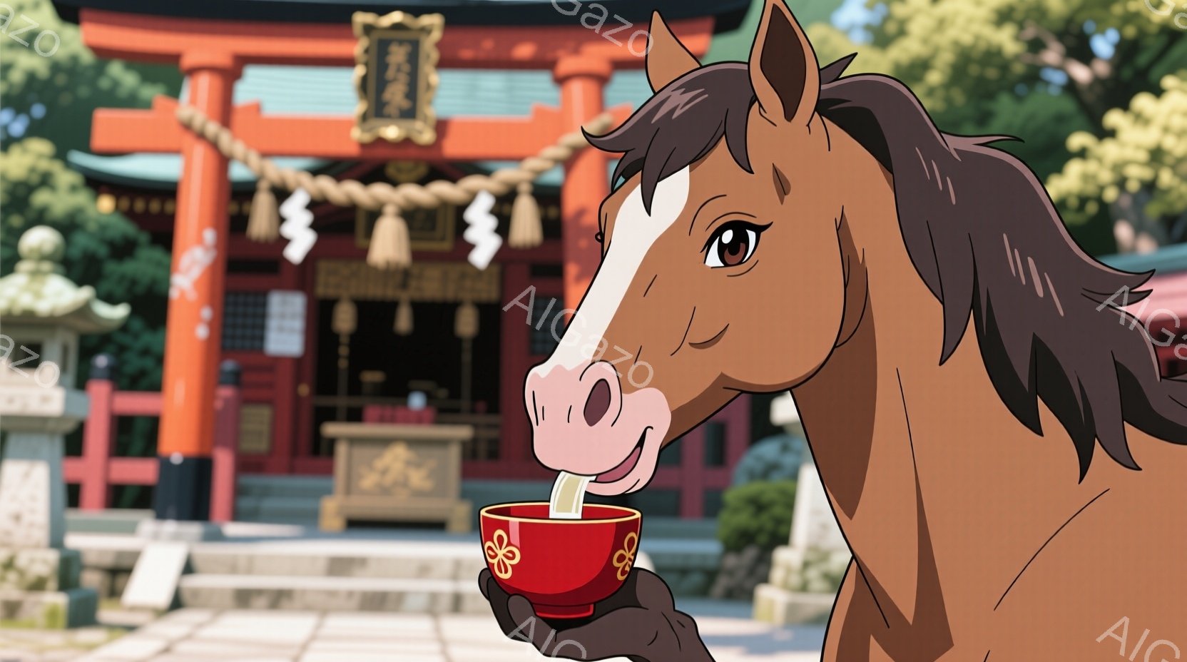 栗色の馬が、赤い器に入った何かを口元に運び、楽しげに食事をしている様子が描かれています。背景には鮮やかな朱色の神社の建物が見え、緑豊かな木々が生い茂っており、穏やかで神聖な雰囲気が漂っています。馬の表情は穏やかで、どこか神秘的であり、日本の伝統的な風景と調和しています。