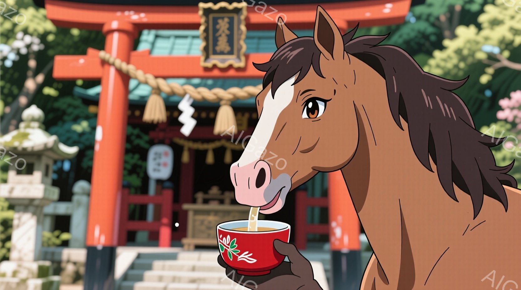鮮やかな朱色の神社の背景に、茶色の馬が描かれています。馬は片手に赤い器を持っており、中身を味わっている様子です。背景には緑豊かな木々や、ぼんやりと見える桜の花が咲き乱れ、穏やかで幻想的な雰囲気を醸し出 - AI生成フリー素材