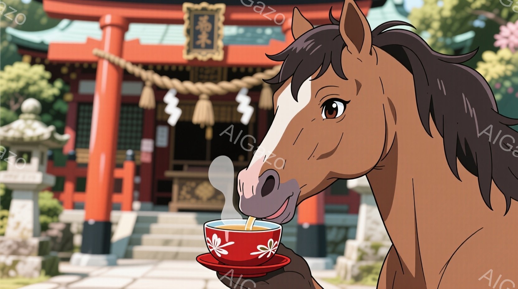 茶色の馬が赤い湯呑みを持ち、湯気を吸い込もうとしている様子を描いています。背景には、鮮やかな朱色の神社が広がり、石段と緑豊かな木々が見えます。穏やかな日差しが差し込み、馬の温かい表情と相まって、静かで - AI生成フリー素材